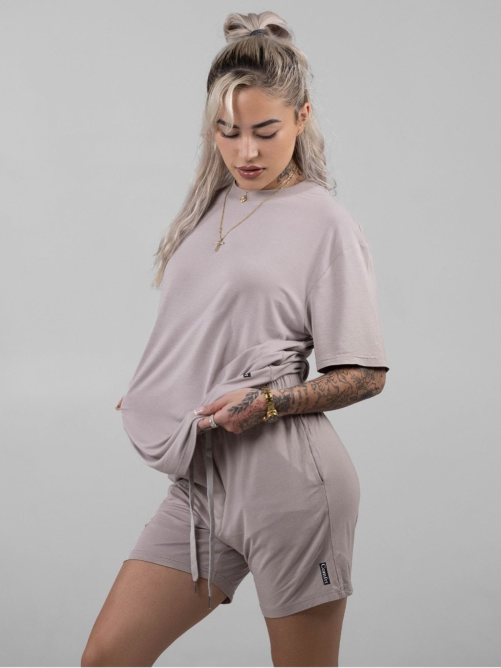 COMFRT Two-Piece Mauve Tee & Drawstring Shorts Set